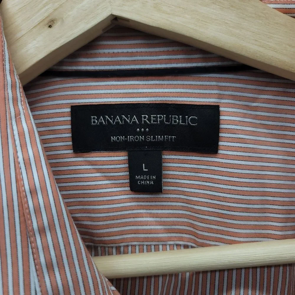 Banana Republic Shirt mens Large Pink stripped Non iron slim‎ fit Long Sleeve